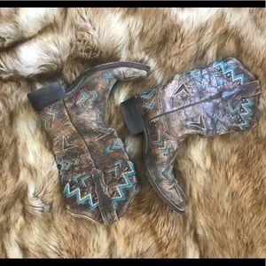 Turquoise and bronze square toe boots